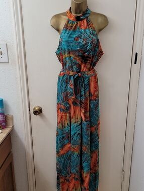 Sleeveless Halter Maxi Jumpsuit in Teal and Orange